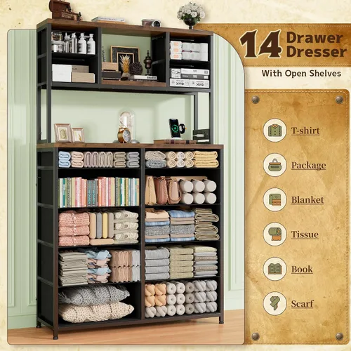 Vista 11 de Romorgniz Cómoda de 62 pulgadas de alto para dormitorio con luces LED y estación de carga, marrón Stable Steel Frame, Wood Top, Fabric Storage