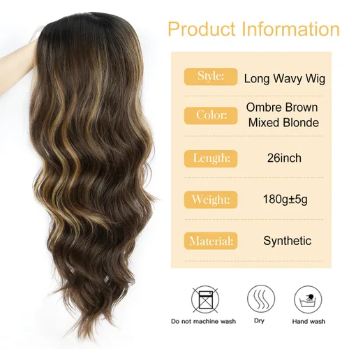 Vista 3 de Halcyon - Peluca sintética ondulada de 26 pulgadas, parte central natural, reflejos marrones 3-row hand-tied parting for realistic scalp