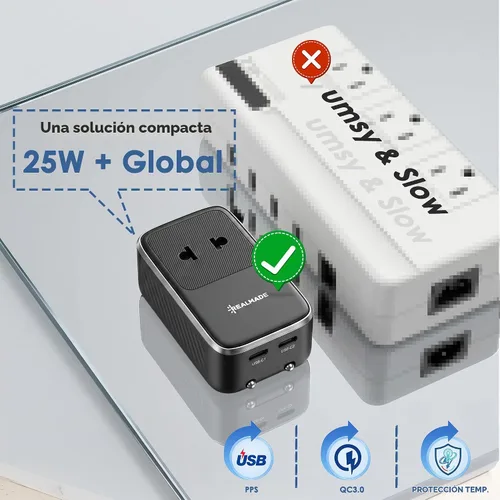 Vista 4 de Realmade Adaptador de viaje todo en uno Slim 25W PD Internacional, 2C+1A Negro