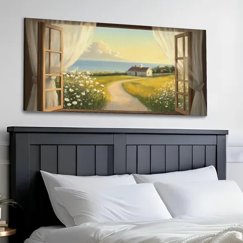 Vista 3 de Arte de pared costero vintage de 30 x 60 pulgadas, paisaje de ventana, granja, paisaje, naturaleza, pintura cálida, impresión sobre lienzo, arte