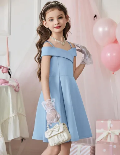 Vista 5 de Arshiner Vestido de verano para niñas con hombros descubiertos, plisado, formal, elegante Azul