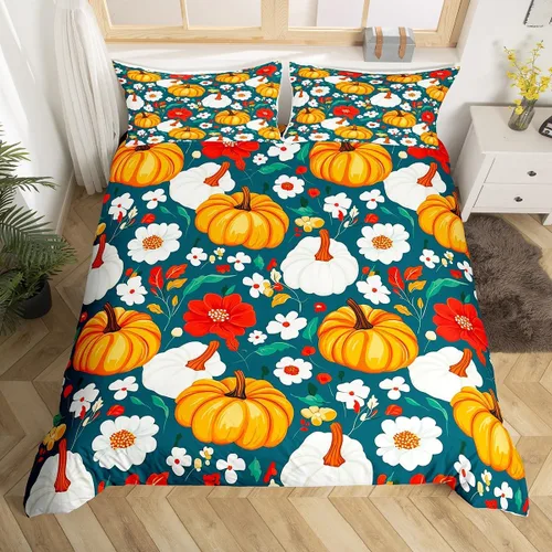 Vista 16 de Erosebridal Juego de funda de edredón individual de pavo de Acción de Gracias, juego de ropa de cama de calabaza y hojas de otoño para niños