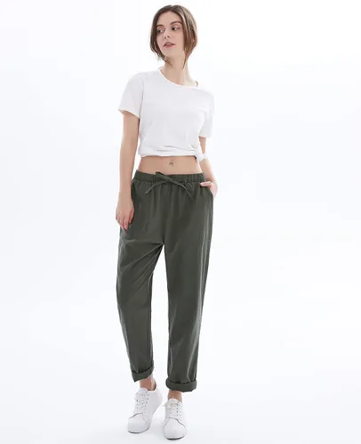 Vista 5 de Pantalones de lino para mujer para verano, con cordón, suaves, recortados, de algodón, cintura elástica
