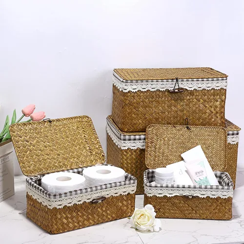 Vista 2 de Hipiwe Cesta de Mimbre Tejida con Forro Removible de Seagrass Natural, Cesta de Almacenamiento Multiusos con Tapa para Organizar para Baño, Armario