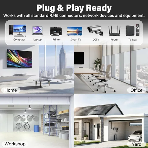 Vista 8 de Cable Ethernet de 20 pies para Cat6/Cat5E, 10 Gbps compatible con Cat8/Cat7, cable de red 24AWG para interiores y exteriores, entierro directo Negro