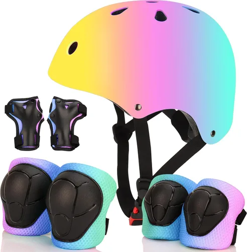 Vista 8 de Casco de bicicleta ajustable con gradiente de color y coderas y rodilleras - Casco para niños y niñas para patinaje, edades 3-14 Ideal