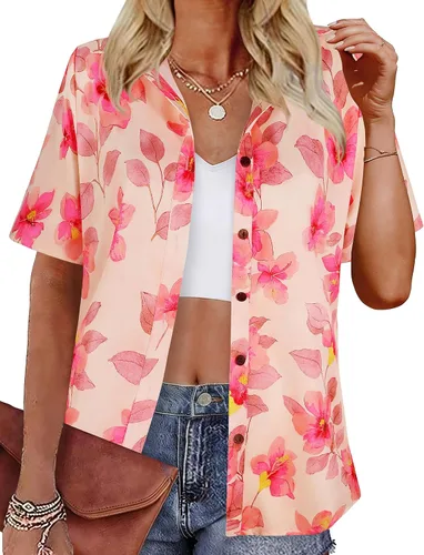 Vista 25 de LILYCHIC Camisas hawaianas de verano con botones de coco para mujer, camisas suaves con botones de manga corta A-hoja floral negra