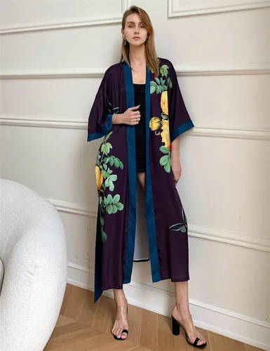Vista 3 de Batas largas de seda para mujer, batas largas de satén, batas de kimono largas, batas florales sedosas, talla única