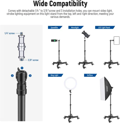 Vista 2 de NEEWER – Soporte de luz resistente con ruedas, 2.4 pies de altura máxima, soporte de trípode plegable para disparos de ángulo bajo/sobre mesa