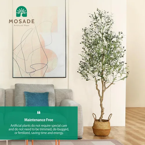 Vista 4 de MOSADE Árbol de olivo artificial de 7 pies de planta de seda de olivo artificial y canasta de hierba marina hecha a mano, árbol de seda topiario