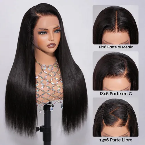 Vista 3 de Hermosa Pelucas de cabello humano lacio con encaje frontal HD de 13 x 6 Negro