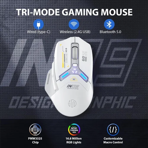 Vista 2 de INPHIC IN9 - Mouse inalámbrico para juegos, True Tri-Mode BluetoothTipo-C con cableconexión inalámbrica 2.4G, 10000 DPl, totalmente programable