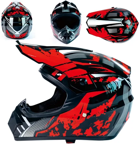 Vista 2 de Casco de motocross DOT Dirtbike ATV Motocicleta Bicicleta de Montaña Casco de cara completa con gafas y guantes, máscara rojo brillante Tormenta S