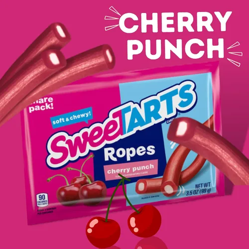 Vista 3 de Sweetzo Sweet Tarts Cuerdas suaves y masticables, caramelos con sabor a cereza y fresa picante, surtido de caramelos de gomitas, paquete de 2, 3.5