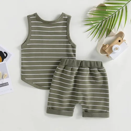 Vista 4 de Lucikamy Ropa de bebé niño sin mangas + pantalones cortos con estampado a rayas con bolsillos, 2 piezas de trajes de verano