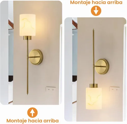 Vista 8 de Juego de 2 apliques de pared dorados con pantalla de vidrio de mármol, accesorios modernos de tocador de baño para dormitorio, pasillo, entrada