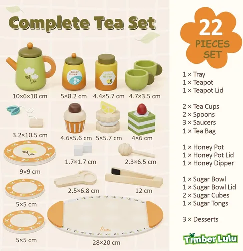 Vista 8 de Juego de té de madera para niños pequeños, juguetes de fiesta de té de simulación para niños de 3 a 5 años, regalo para niñas y niños