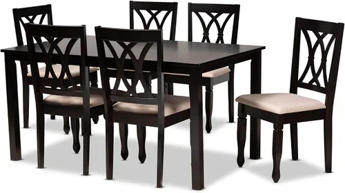 Vista 10 de Baxton Studio Petrina - Juego de comedor tapizado de tela gris, madera con acabado marrón expreso, 7 piezas