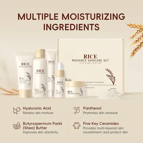Vista 4 de Set hidratante de cuidado de la piel de arroz coreano – Radiance Skincare rutina de 5 pasos con limpiador de arroz, tónico, suero, crema facial
