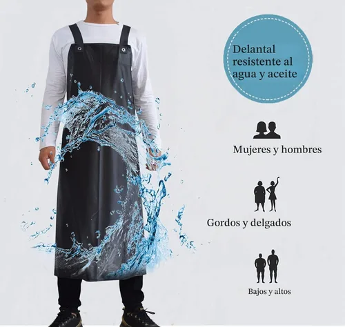 Vista 2 de Delantal unisex impermeable de goma y vinilo resistente a químicos para lavar platos, limpieza, carnicería, aseo de perros Negro