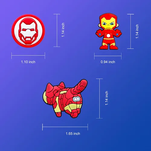 Vista 2 de 15 dijes de cocodrilo de Iron Man para decoración de zapatos de zueco, accesorios de superhéroes para niños y hombres, recuerdos de fiesta, Metal