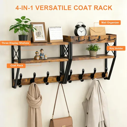Vista 3 de Perchero grande mejorado de 3 niveles con estante, soporte de pared versátil 4 en 1 para colgar abrigos y llaves, estante de pared de entrada de 32