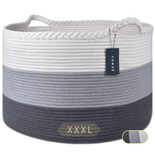 Vista 13 de COMSE Cesta de manta extra grande, cesta tejida para lavandería, 21.7 x 13.8 pulgadas, cesta de guardería, cesta de cuerda de algodón, cesta