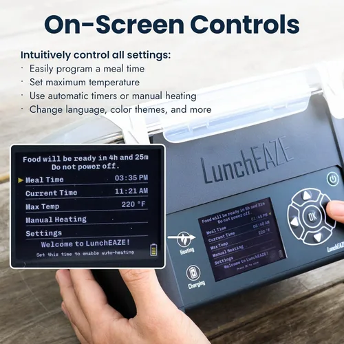 Vista 7 de LunchEAZE Pro Lonchera Calentable Sin Cable – Con Batería, Capacidad de 4 Tazas, Máx. 220°F, Calefacción Programada Automática, Incluye Bolsa