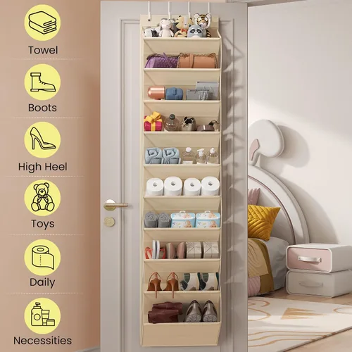 Vista 2 de Organizador de Zapatos Transparente de 10 Niveles Sobre la Puerta con Bolsillos Profundos, Estante de Zapatos de Puerta con Tubo Duro para Mantener