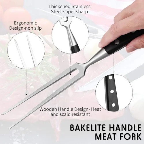 Vista 3 de CHENGU 2 tenedores para tallar carne de 12 pulgadas de acero inoxidable para servir cocinar con mango de madera, parrilla clásica con mango de ABS