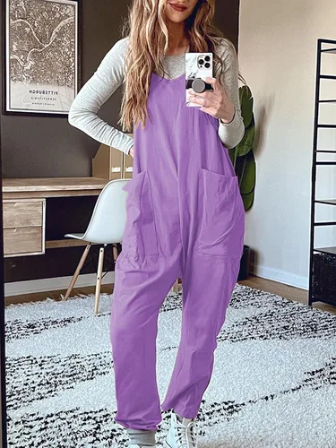 Vista 2 de DEEP SELF Overol casual para mujer, cuello en V, sin mangas, pantalones largos, holgados con bolsillos