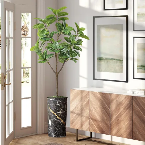Vista 15 de Árbol artificial en macetero con efecto de granito moderno, palmera tropical areca artificial de seda para decoración del hogar en interiores
