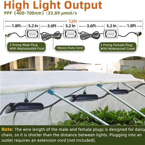 Vista 2 de Owleye Luces LED de Cultivo para Exteriores de 12 Pies en Cadena para Plantas, IP65 Impermeable, Espectro Completo, 120V, Listado por ETL, 33.89