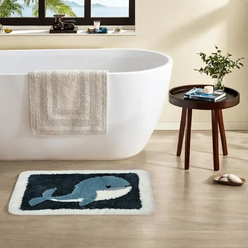 Vista 4 de Alfombra de baño de microfibra con diseño de ballena, alfombra de baño para niños, decoración náutica con peces y océano, antideslizante, suave