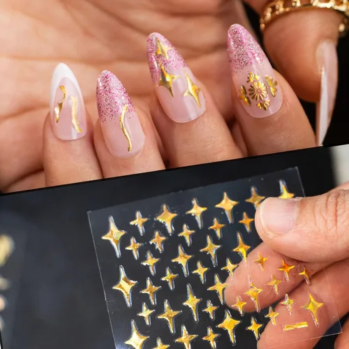 Vista 6 de 30 hojas de calcomanías de arte de uñas doradas, autoadhesivas 3D, calcomanías de diseño de uñas, gotas de agua, línea de flores, estrellas
