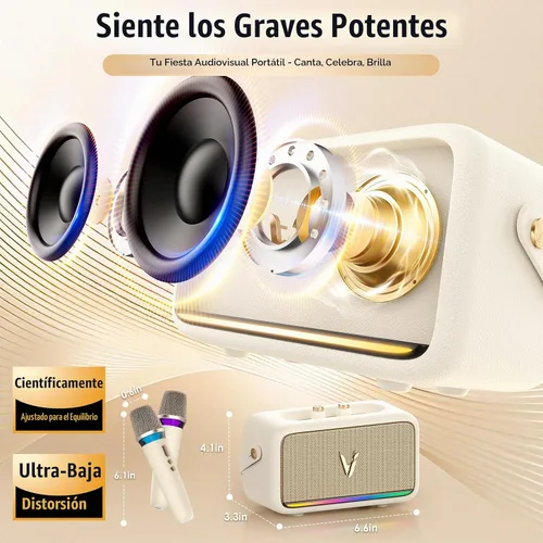 Vista 2 de Máquina de karaoke con 2 micrófonos inalámbricos y envoltura de cuero suave Mini altavoz Bluetooth portátil con 5 modos de cambio de voz