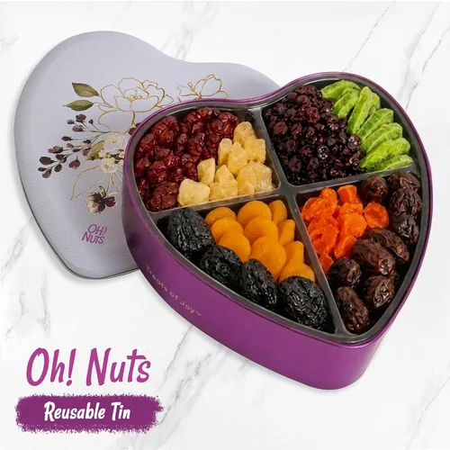 Vista 2 de Oh! Nuts Cesta de regalo de frutas secas en forma de corazón, 8 variedades tropicales gourmet, albaricoques, dátiles, ciruelas pasas, arándanos