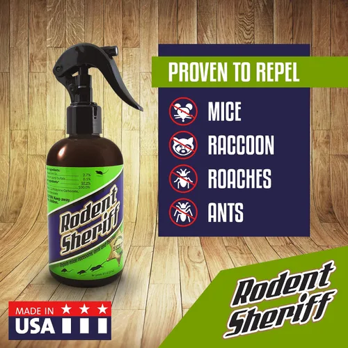 Vista 2 de Rodent Sheriff Repelente de aceite de menta Spray de control de plagas de acción rápida Repele ratones, mapaches, hormigas y más