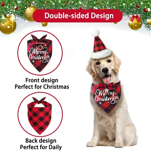 Vista 3 de DULEFUN - 3 disfraces de Navidad para perro, diseño clásico de búfalo a cuadros Dog's Christmas Outfit Clothes Bandana Hat Bowtie Scarf Kerchief