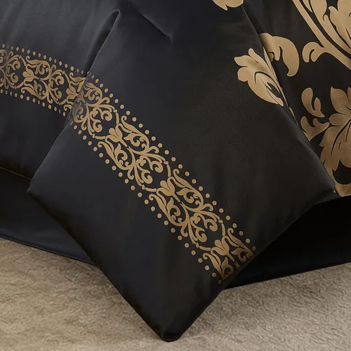 Vista 7 de Chezmoi Collection Juego de edredón floral de jacquard Royale de 7 piezas, matrimonial/doble, negro/dorado