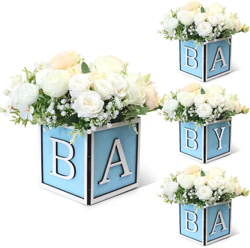 Vista 12 de Juego de 4 centros de mesa de baby shower para mesas, cajas de madera de 6 pulgadas con letras de bebé, cubos rústicos, bloques de madera para Rosa