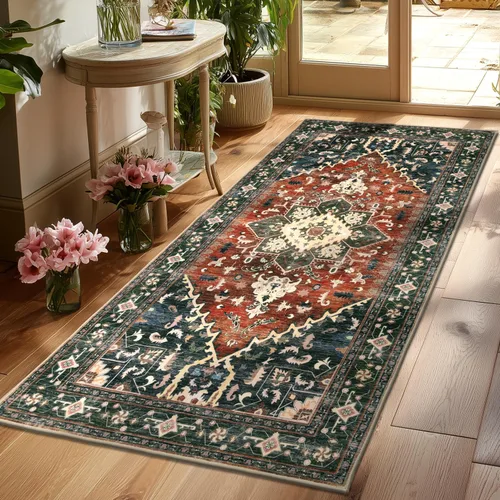 Vista 14 de Yamaziot Tapete lavable de 2 x 3 pulgadas, para entrada pequeña, antideslizante, estilo bohemio vintage, reverso de goma, lana sintética de pelo