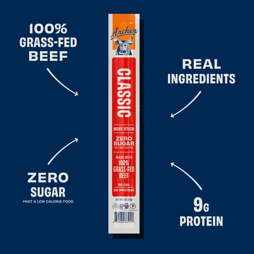 Vista 3 de Archer Classic Beef Sticks – Palitos de carne alimentada con pasto envueltos individualmente, paquetes de bocadillos de cecina a granel, sin gluten