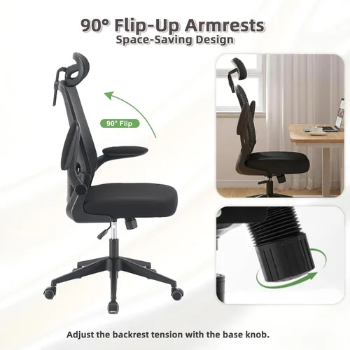 Vista 4 de Silla de oficina ergonómica con reposacabezas, silla de escritorio de malla con respaldo alto, soporte lumbar ajustable, silla giratoria