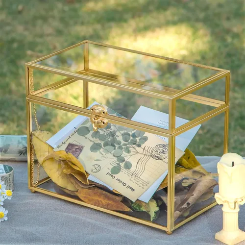 Vista 2 de NCYP Caja de tarjetas de vidrio dorada con tapa para recepción de boda, 9.8 x 5.6 x 7.7 pulgadas, caja de almacenamiento decorativa rectangular