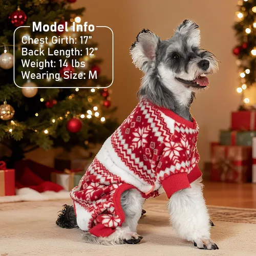 Vista 4 de KYEESE Pijamas de Navidad para Perros, Pijamas Navideños para Perros Pequeños con Patrón de Copo de Nieve, Cálido Mameluco de Vellón para Gato