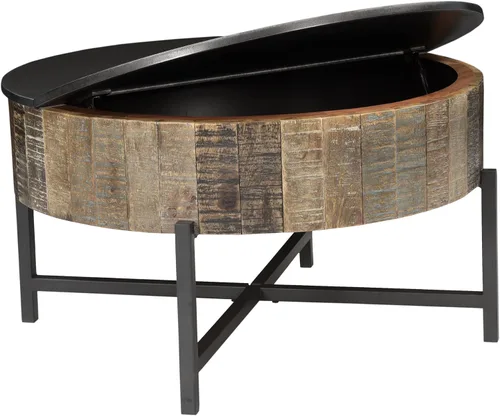 Vista 4 de Mesas de café, mesa de té, mesa de cóctel, mesa auxiliar - Mesa central de madera rústica con acabado vintage con almacenamiento para sala de estar