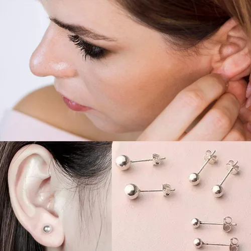Vista 2 de Aretes de pelota de plata esterlina, de 3 mm, 4 mm, 5 mm, 6 mm, 7 mm 8 mm, 9 mm, 10 mm