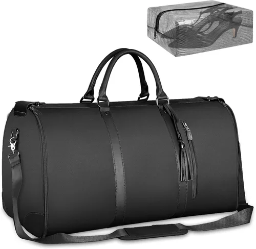 Vista 12 de Bolsa de ropa de equipaje de mano, bolsas grandes de cuero PU para ropa de viaje con bolsa para zapatos, Grande, Bolso B-Rayas Blancas Negras