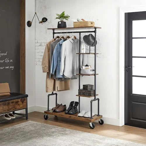 Vista 7 de VASAGLE UHSR66BX - Perchero para ropa con ruedas, organizador de ropa portátil con 5 niveles, estilo de tubería industrial, marrón rústico